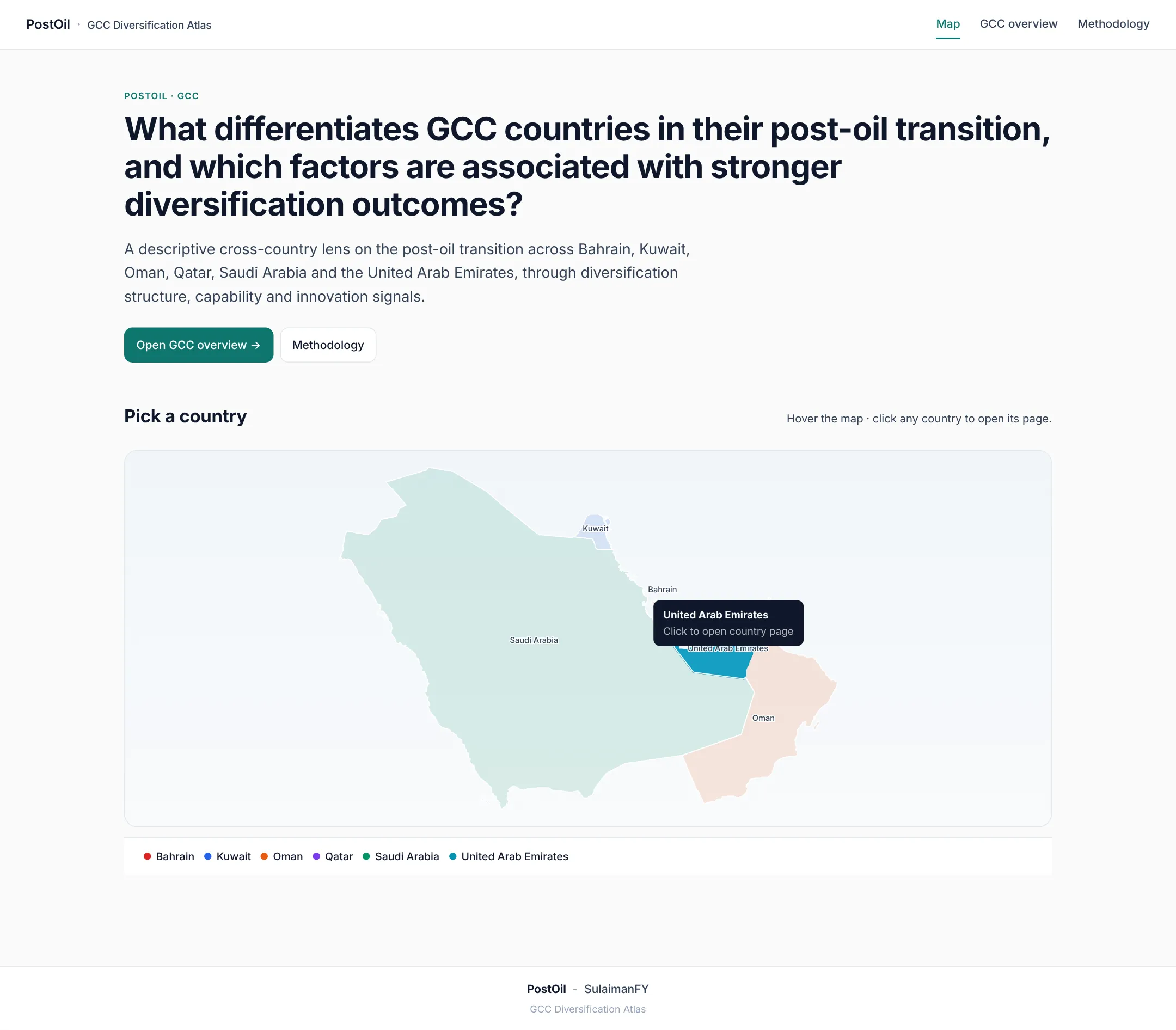 PostOil home page with the research question and a clickable GCC map